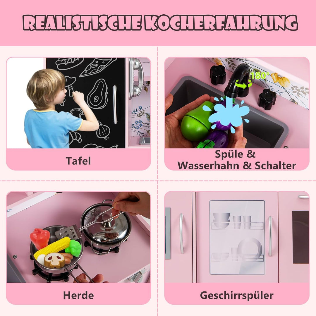 COSTWAY Kinderküche mit 10 Spielzubehör, Spielküche Kinder mit Tafel, Spielzeugküche mit Mikrowelle
