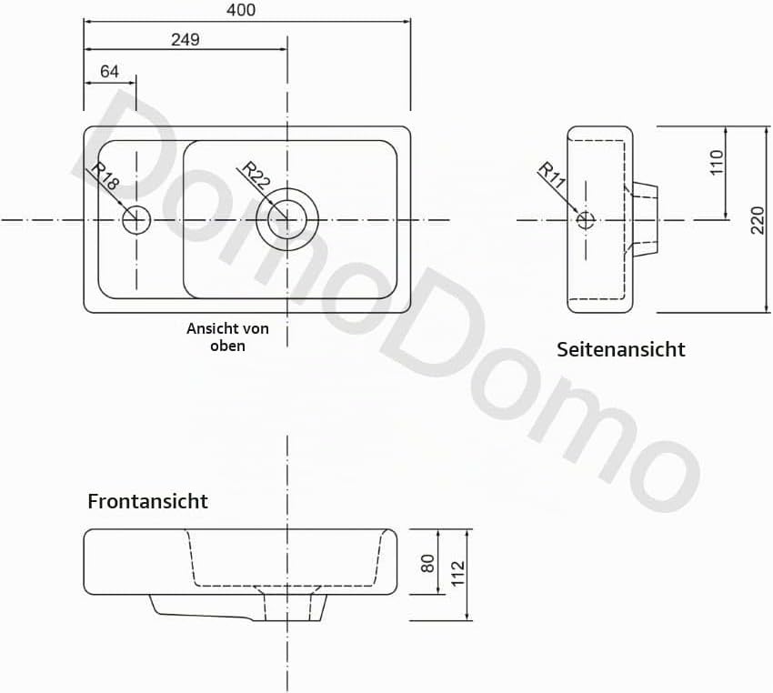 .Deftrans Domodomo Badezimmerschrank mit Waschbecken, Waschbeckenschrank 40 x 68 x 21,3 cm, Keramik-