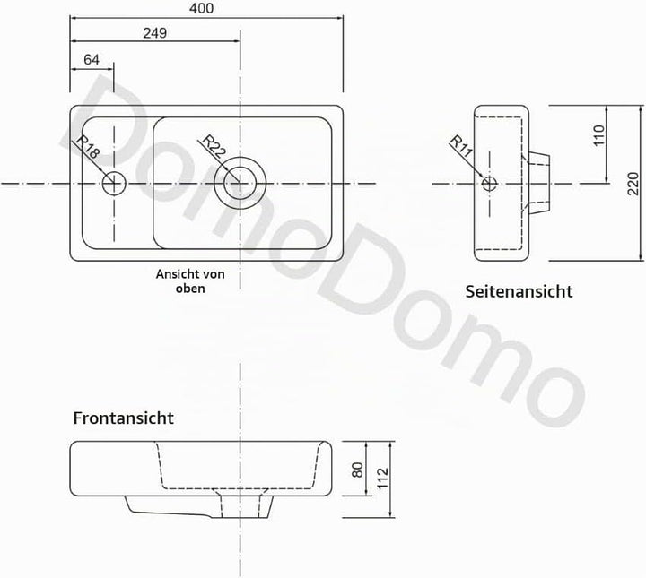 .Deftrans Domodomo Badezimmerschrank mit Waschbecken, Waschbeckenschrank 40 x 68 x 21,3 cm, Keramik-