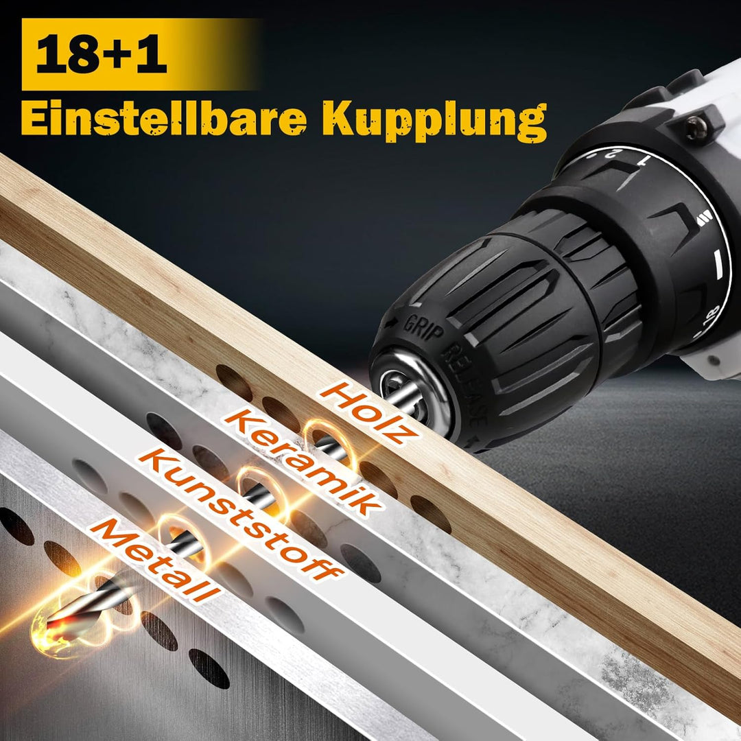 Akku-Bohrschrauber Akkubohrer 16,8V Akkuschrauber Set mit 2×1,5Ah Akkus, LED Arbeitslicht, 2-Gang, 4