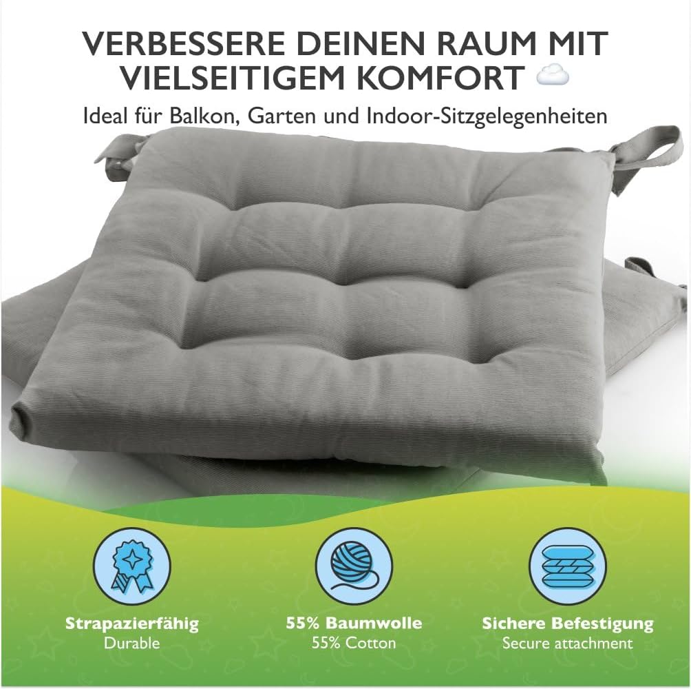 etérea 2er Set Sitzkissen Outdoor 40x40 mit Bändern - Stuhlkissen Grau für Gartenstuhl & Innenbereic