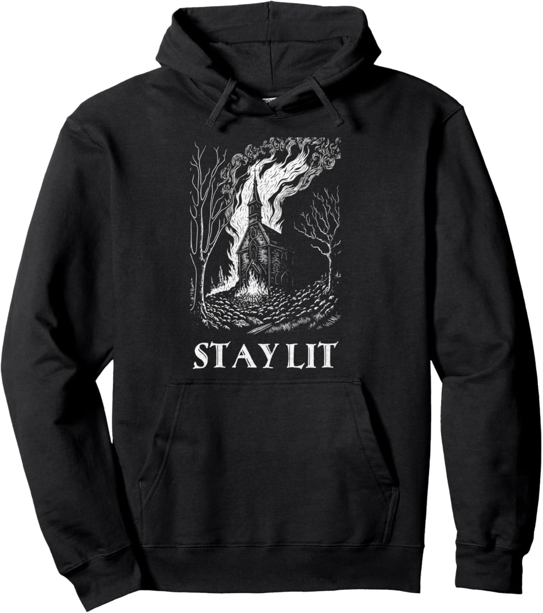 Okkult Atheist Burn Church Stay Lit Satan Devil Grunge Pullover Hoodie