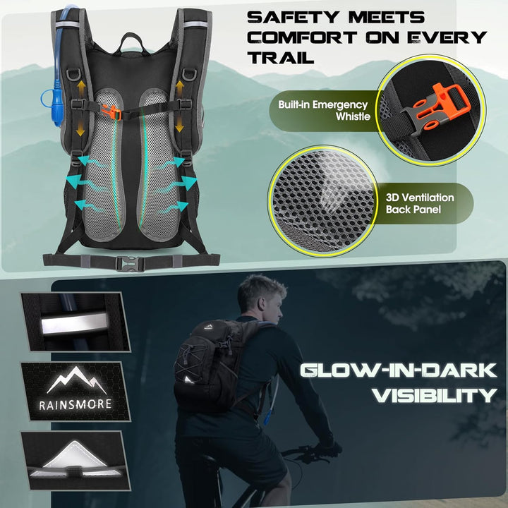 RAINSMORE Trinkrucksack mit Trinkblase 2L Leichter Isolierter 18L Wanderrucksack mit Regenschutz für