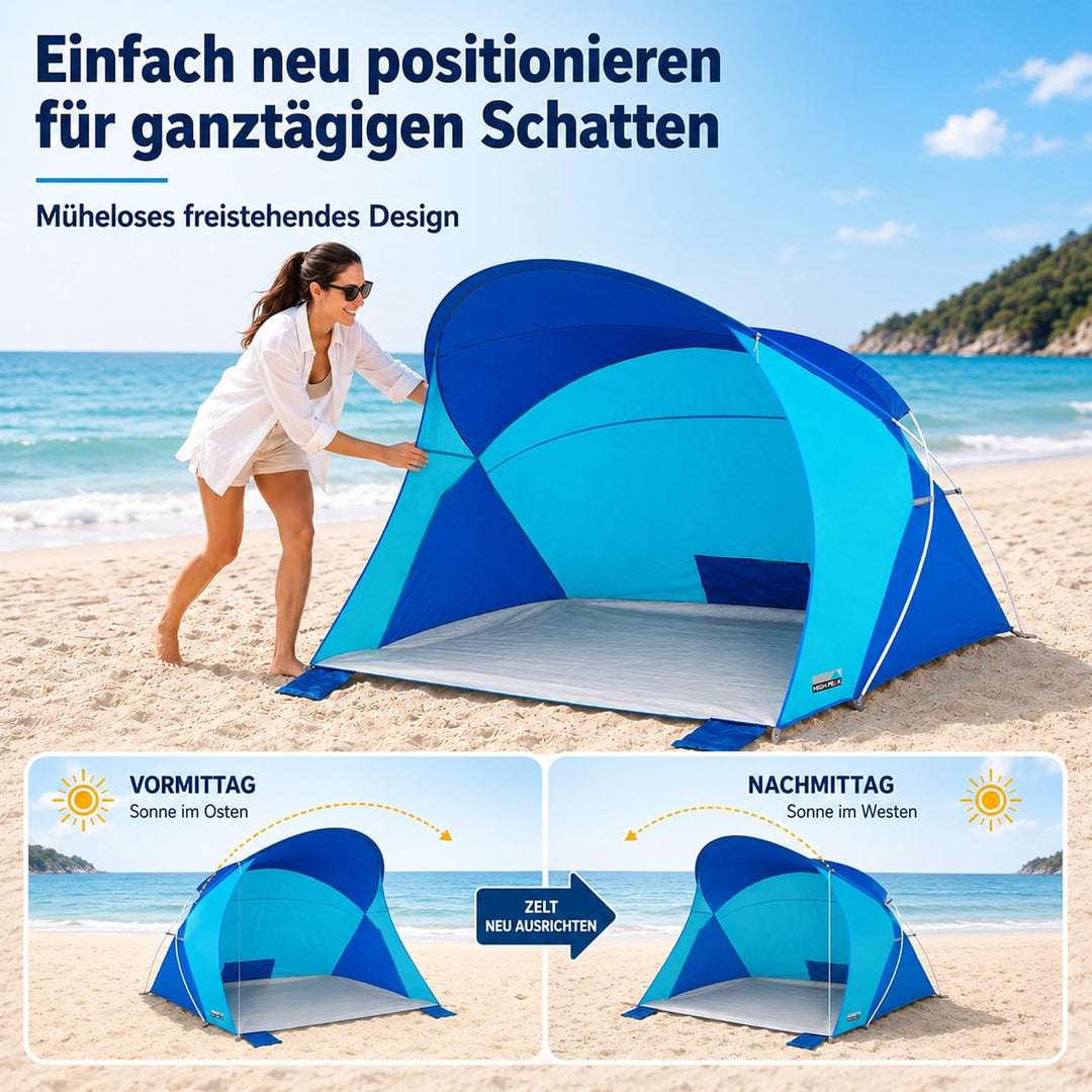 High Peak Strandmuschel mit UPF 40+, Windschutz und PU-2000-mm-Bodenplane | 200 x 150 x 130 cm für 2