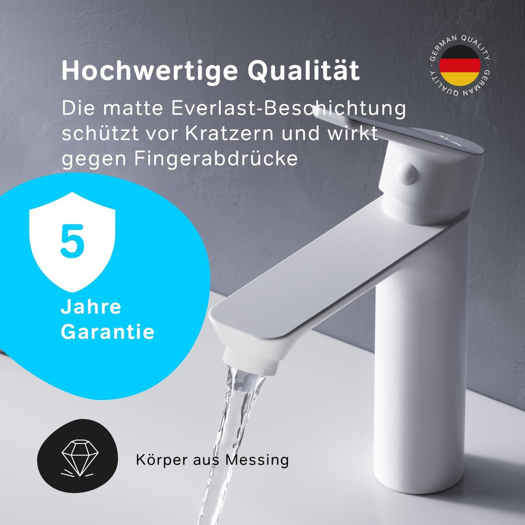 Waschtischarmatur Weiss Matt mit Klick-Ablaufgarnitur, Einhebel-Waschtischmischer Kurzer Auslauf 100
