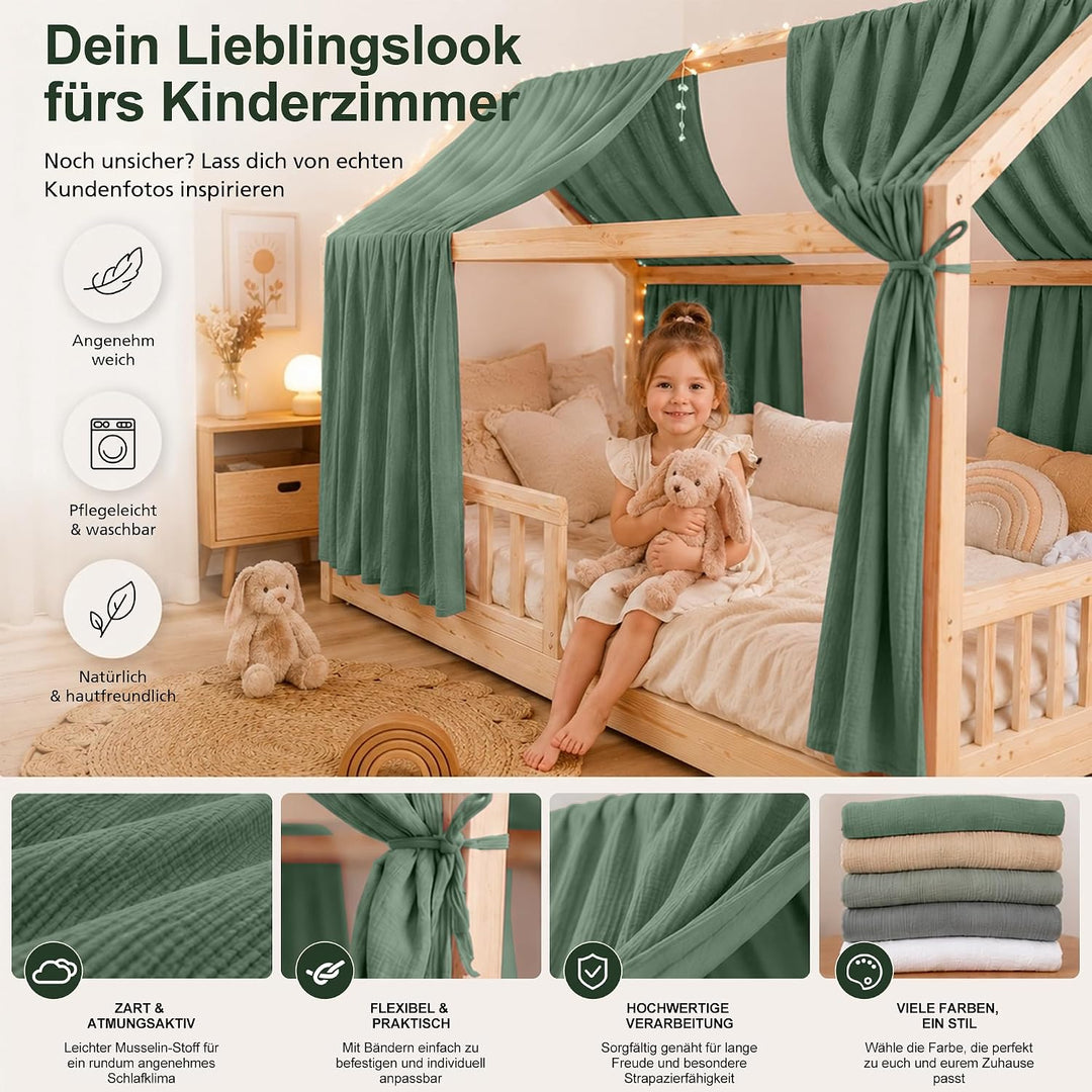 Hausbett Himmel Kinder Betthimmel Kinderbett mit 3m Wimpelkette, Dunkelgrün Dunkelgrün H270 x B135 c