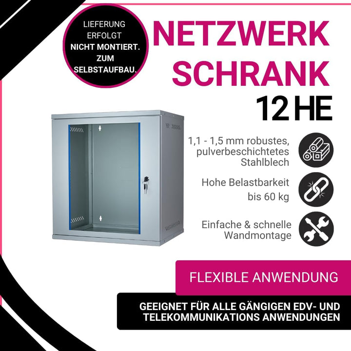KOSCOM CONNECT Netzwerkschrank 19 Zoll 12 HE I 400 mm Tiefe I Serverschrank Grau I Wandmontage I abs