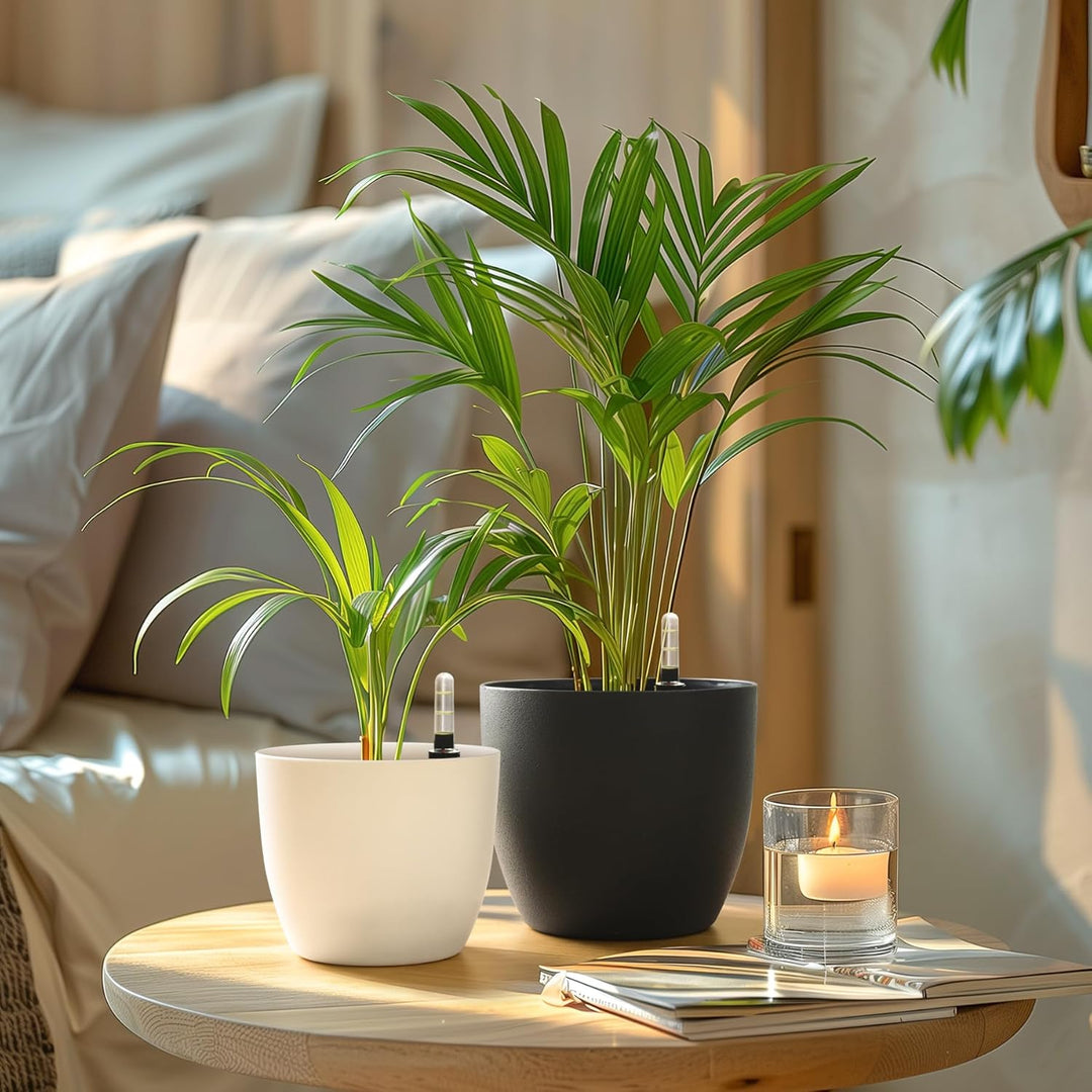 T4U 22cm Selbstwässernder Blumentopf mit Wasseranzeiger Schwarz 4er-Set, Selbstbewässerung Wasserspe