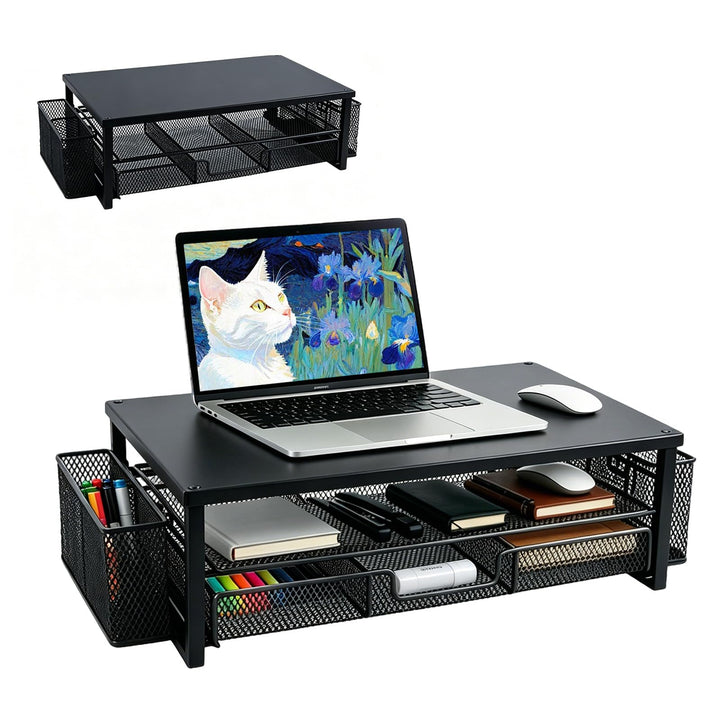 Monitorständer mit Schublade, 2-stufige Monitor Erhöhung mit Schreibtischorganizer und 2 Stifthalter