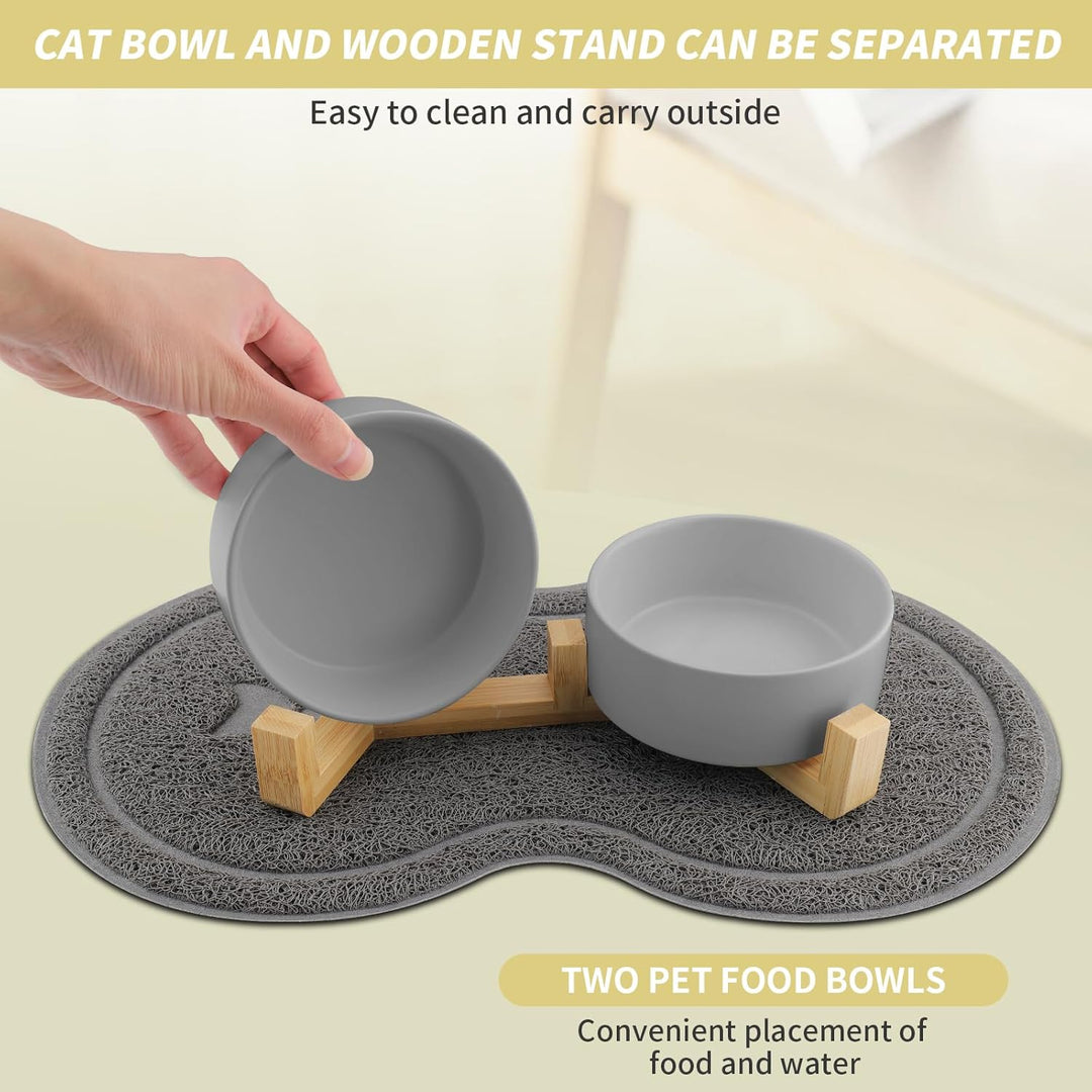 Katzennapf, 2 Stück Keramik Futternapf Katze Set, 3-in-1 rutschfeste Katzennäpfe mit Holzstände und