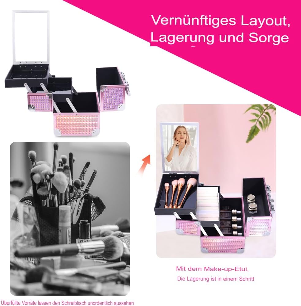 Kosmetikkoffer Aluminium Schminkkoffer mit Spiegel, Tragegriff & Schloss, Multifunktional Make-up Be