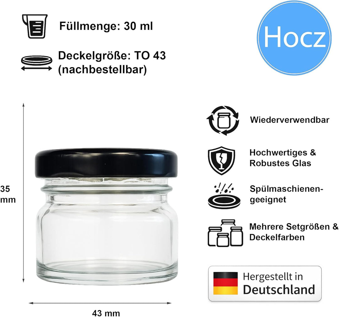hocz 50x Mini Marmeladengläser 30 ml | mit Deckel Schwarz TO 43 | kleine Einmachgläser mit Schraubde