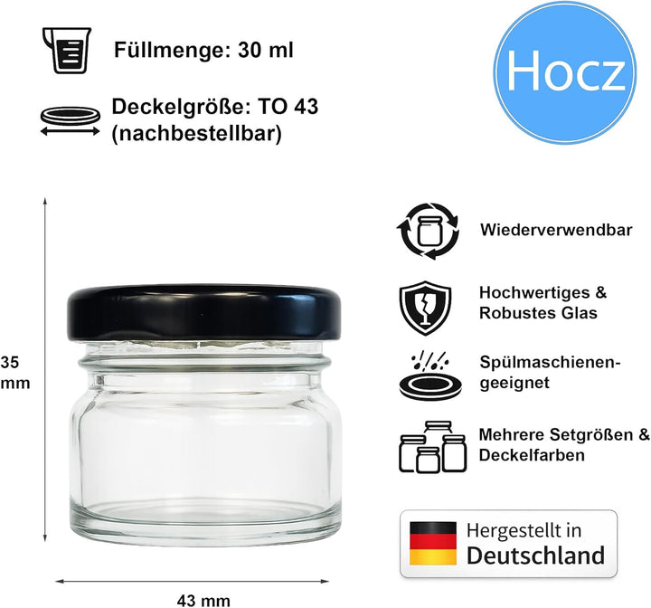 hocz 50x Mini Marmeladengläser 30 ml | mit Deckel Schwarz TO 43 | kleine Einmachgläser mit Schraubde
