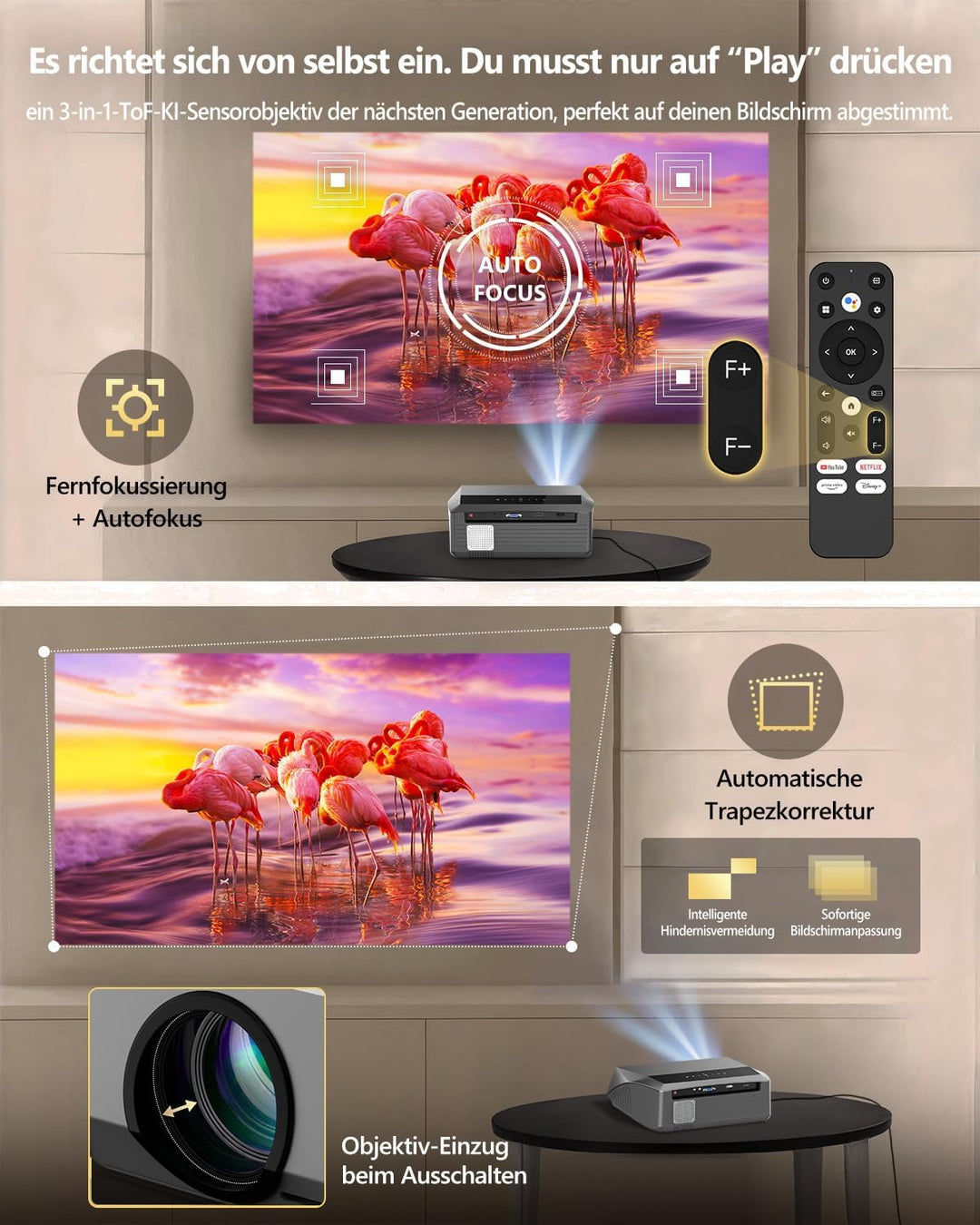 Smart Beamer 4K Wlan Bluetooth NFC, HDR LED Ultra HD 4K Beamer Heimkino Gaming 2300 ANSI Tageslicht,