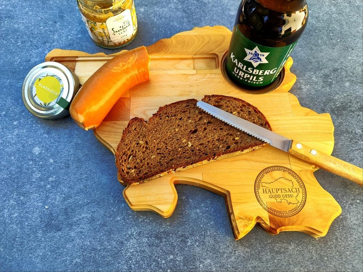 Saarlandbrett als Frühstücksbrettchen aus Holz, Legendärer Stubbi Style, für Saarländer, Lusitge Ges