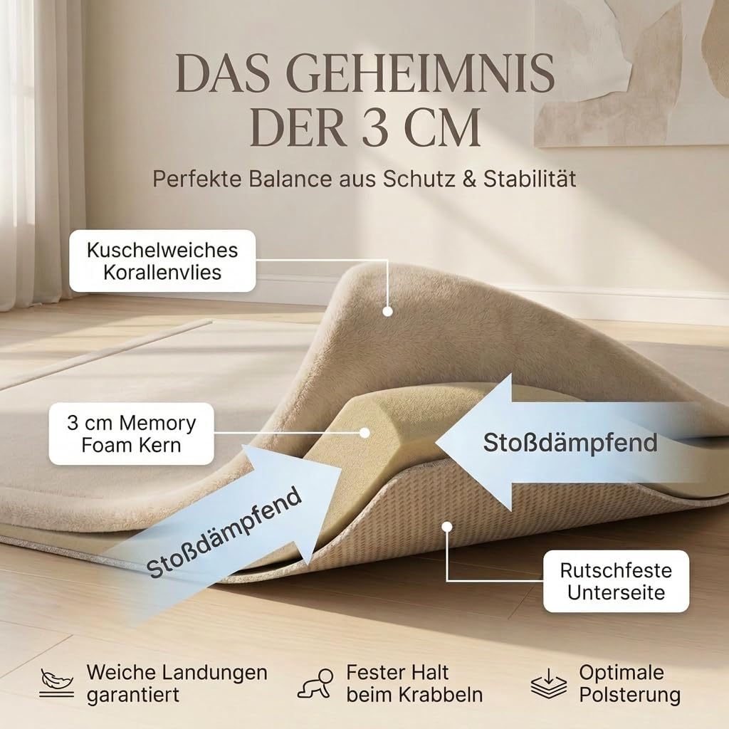 BabybeFun Krabbelmatte Baby - kuschelig weich - 3cm Dicke Spielmatte - schützt vor Stössen - Teppich