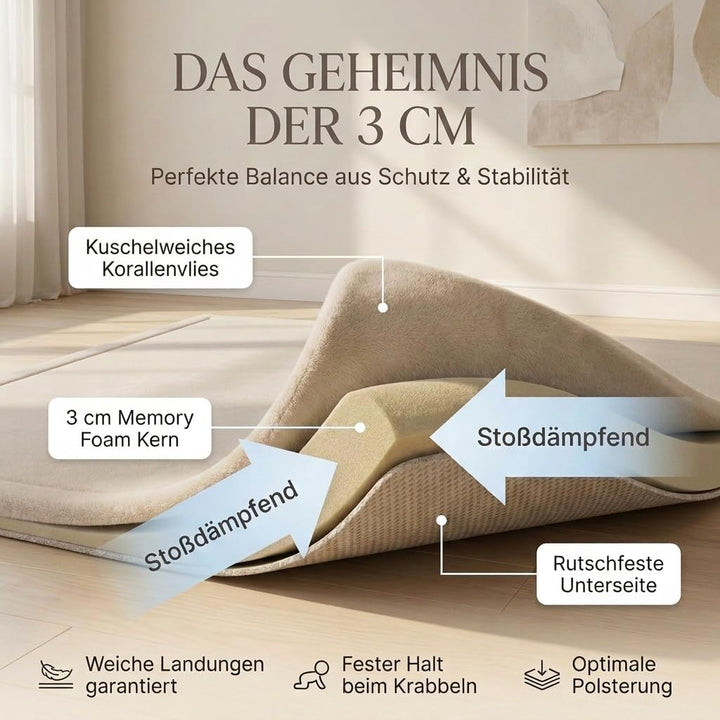 BabybeFun Krabbelmatte Baby - kuschelig weich - 3cm Dicke Spielmatte - schützt vor Stössen - Teppich