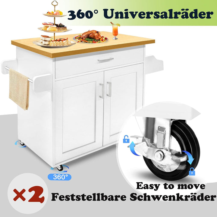 Küchenwagen Servierwagen auf Rollen, Kücheninsel mit Arbeitsplatte, Küchenschrank Rollwagen Beistell