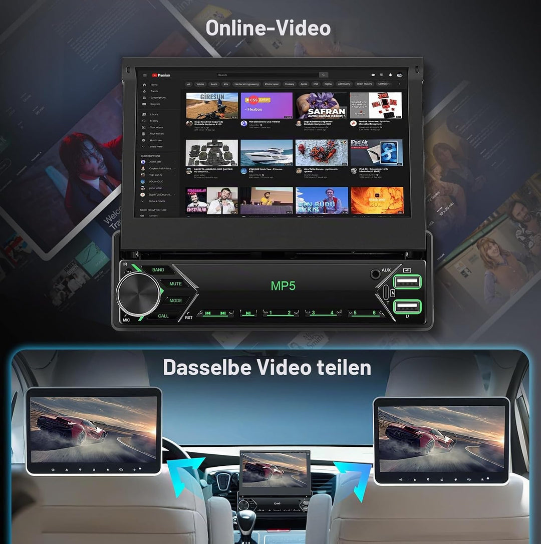 Hodozzy Autoradio 1 Din mit Wireless CarPlay Android Auto, 7 Zoll Ausfahrbarem Touchscreen Bluetooth