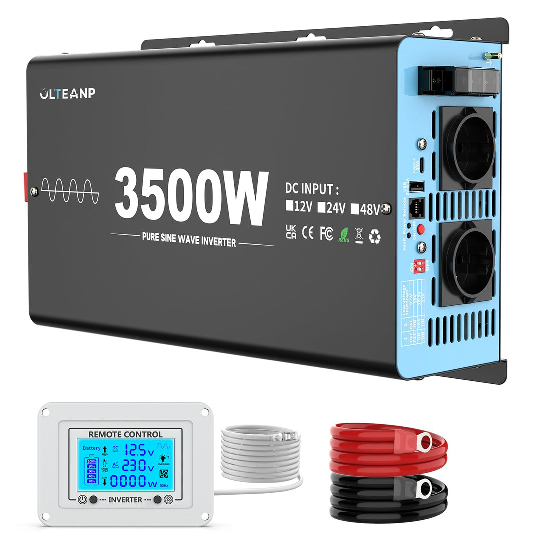 OLTEANP 3500W/7000W Wechselrichter 12V auf 230V Reiner Sinus Spannungswandler Power Inverter mit 2 A