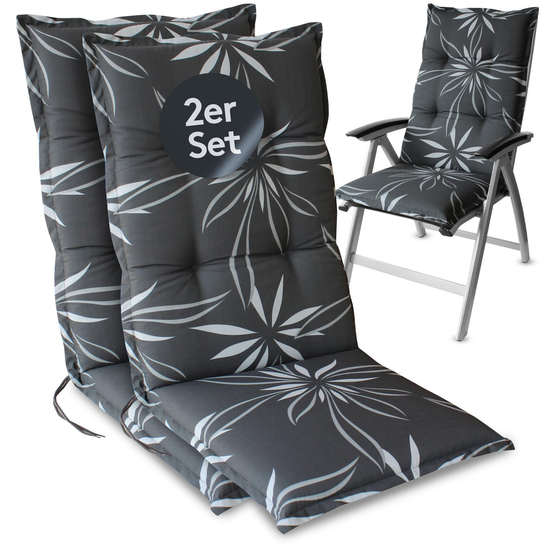 LILENO HOME Gartenstuhl Auflagen als [2er Set - Hochlehner] in Blume Anthrazit-Weiss - Bequeme Liege