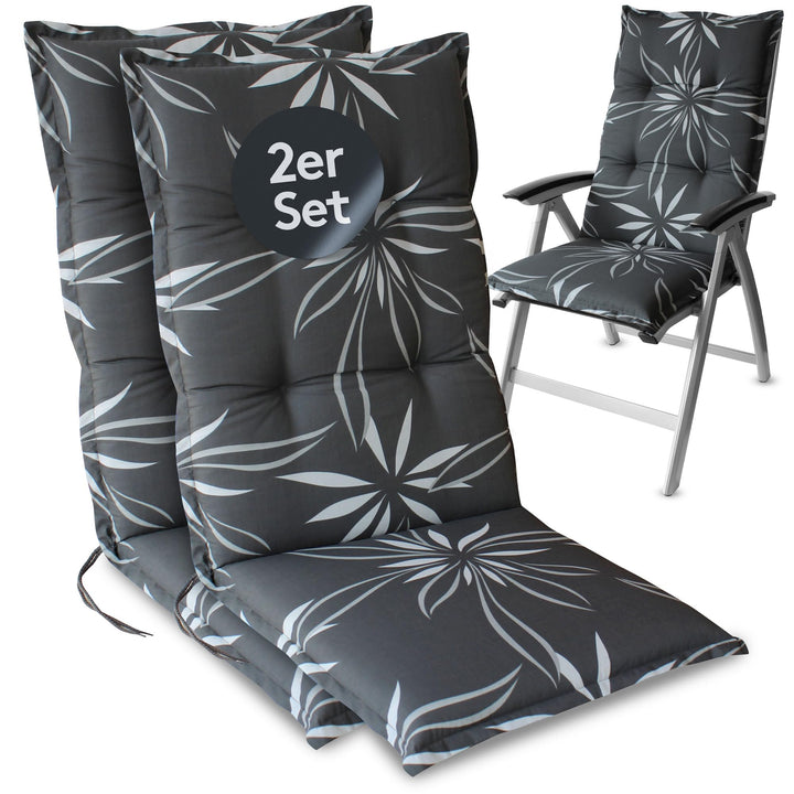 LILENO HOME Gartenstuhl Auflagen als [2er Set - Hochlehner] in Blume Anthrazit-Weiss - Bequeme Liege