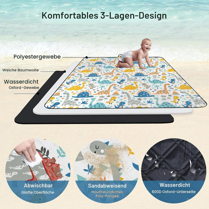 Extra gross Kinder Picknickdecke Wasserdicht 200 * 200cm, Strandmatte Campingdecke Gepolstert Faltba