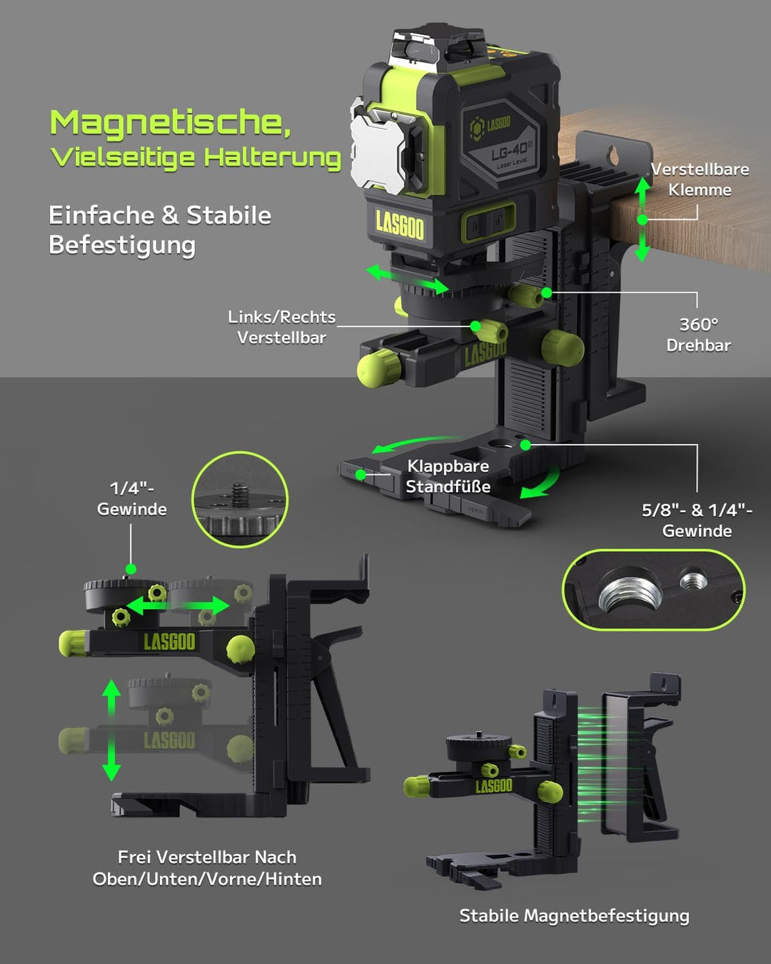 LasGoo 4x360° selbstnivellierendes Laser-Nivellier, 16 Linien grünes Kreuz, für Bauprojekte und Heim