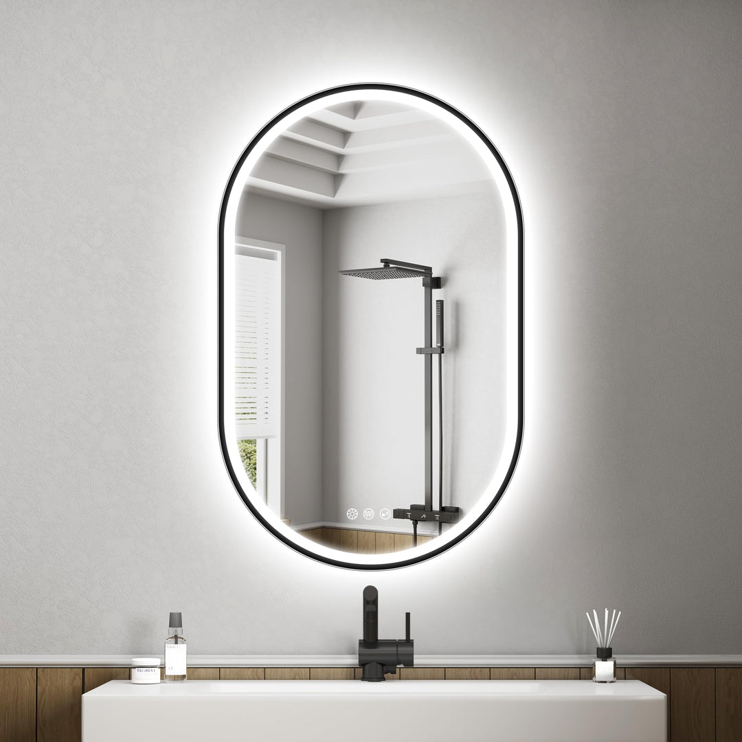 STARLEAD Schwarz Oval-LED-Badspiegel-mit-Beleuchtung 80x50cm, Bluetooth, Dimmbar, 3 Lichtfarben, Ent