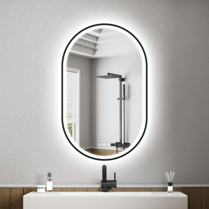 STARLEAD Schwarz Oval-LED-Badspiegel-mit-Beleuchtung 80x50cm, Bluetooth, Dimmbar, 3 Lichtfarben, Ent