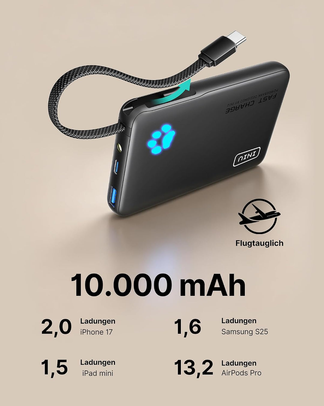 INIU 45W Power Bank, Mini-Grösse 10000mAh PowerBank mit Integriertem USB-C Kabel, Schnellladen Exter