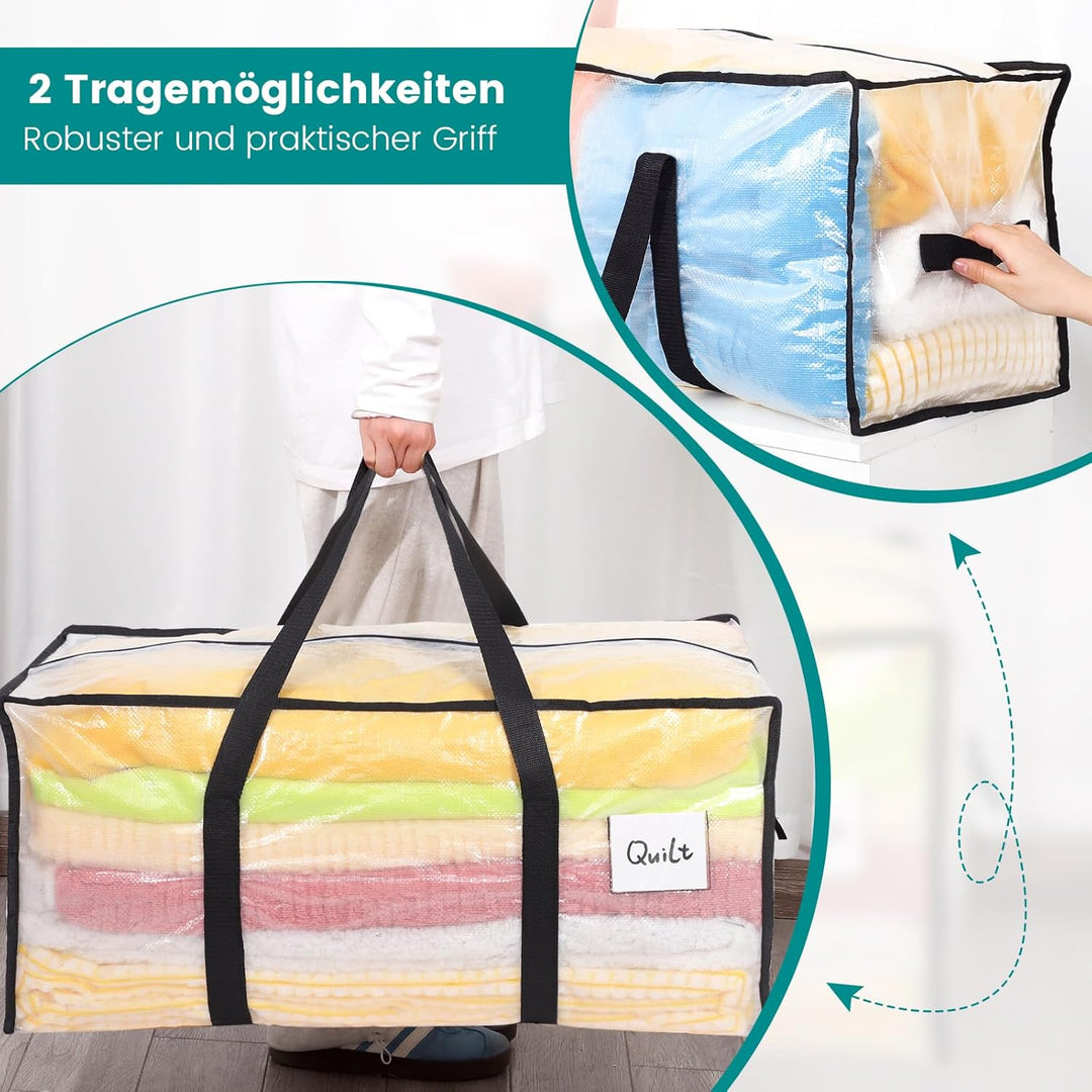 4 Stück 90L Aufbewahrungstasche, Heavy-Duty Weihnachtslager Transparente Umzugskartons Grosse mit Re