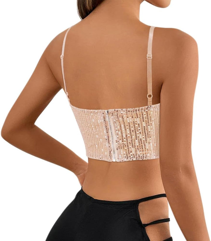 Naimo Damen Glitzer Pailletten Crop Top Ärmellos V-Ausschnitt Tank Tops Weste Sparkle Camisole Bluse