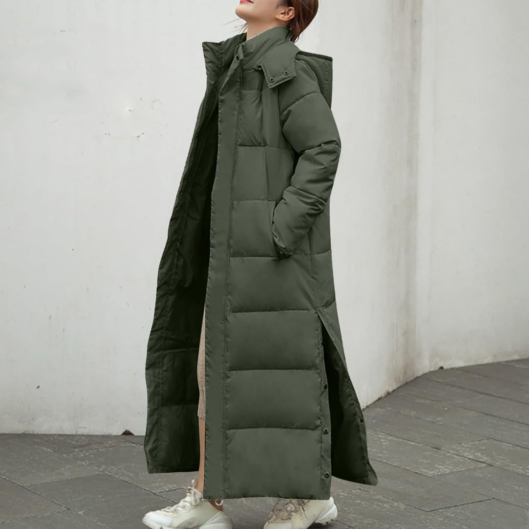 Lange Daunenjacke Damen Dicke Warme Winterjacke Elegant Einfarbig Daunenmantel mit Kapuze Schlitz Wi