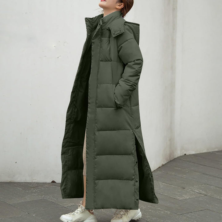 Lange Daunenjacke Damen Dicke Warme Winterjacke Elegant Einfarbig Daunenmantel mit Kapuze Schlitz Wi