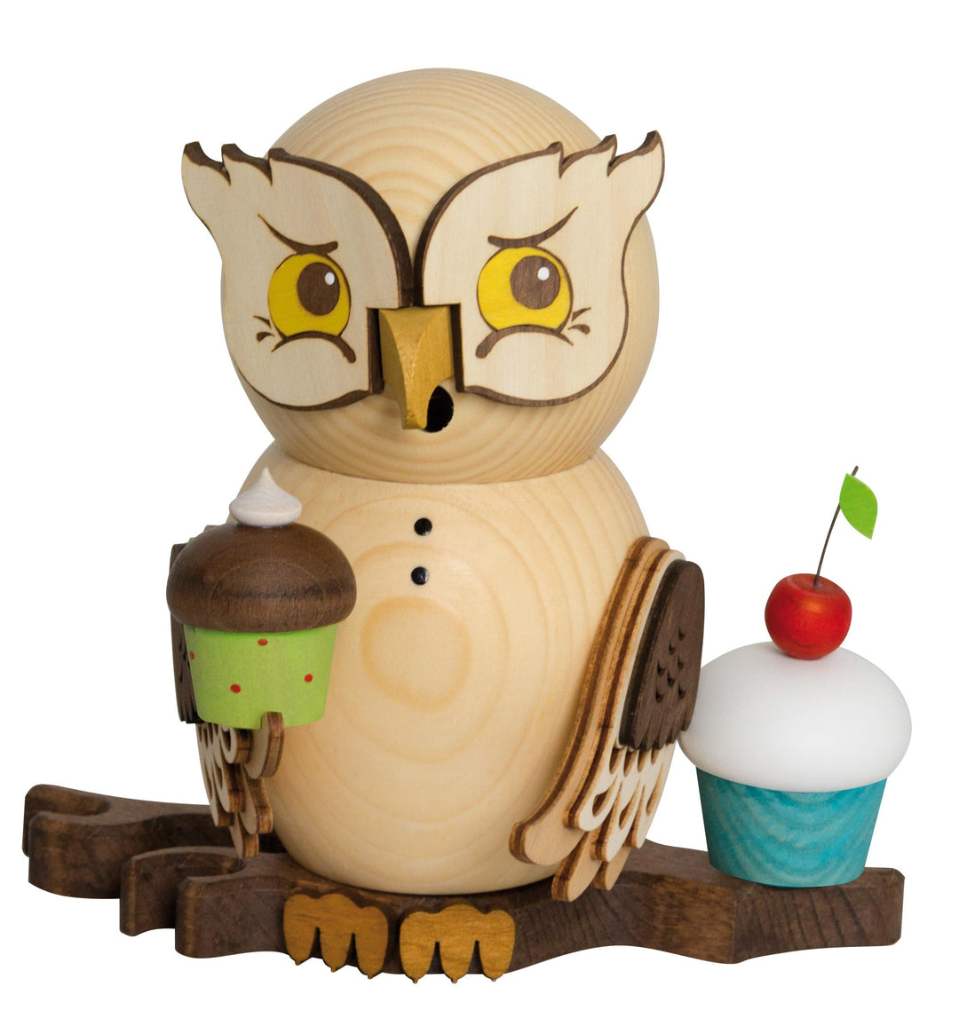 Drechslerei Kuhnert Rauchfigur/Räucherfigur - Eule mit Muffins aus Massivholz - ca. 15 cm - Made in