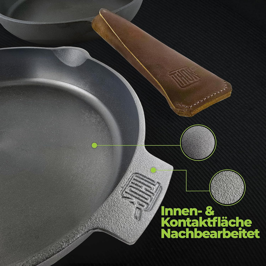 THOR® Gusseisenpfanne Induktion 28cm inkl. Zubehör - geschliffene Oberflächen I Bratpfanne Induktion