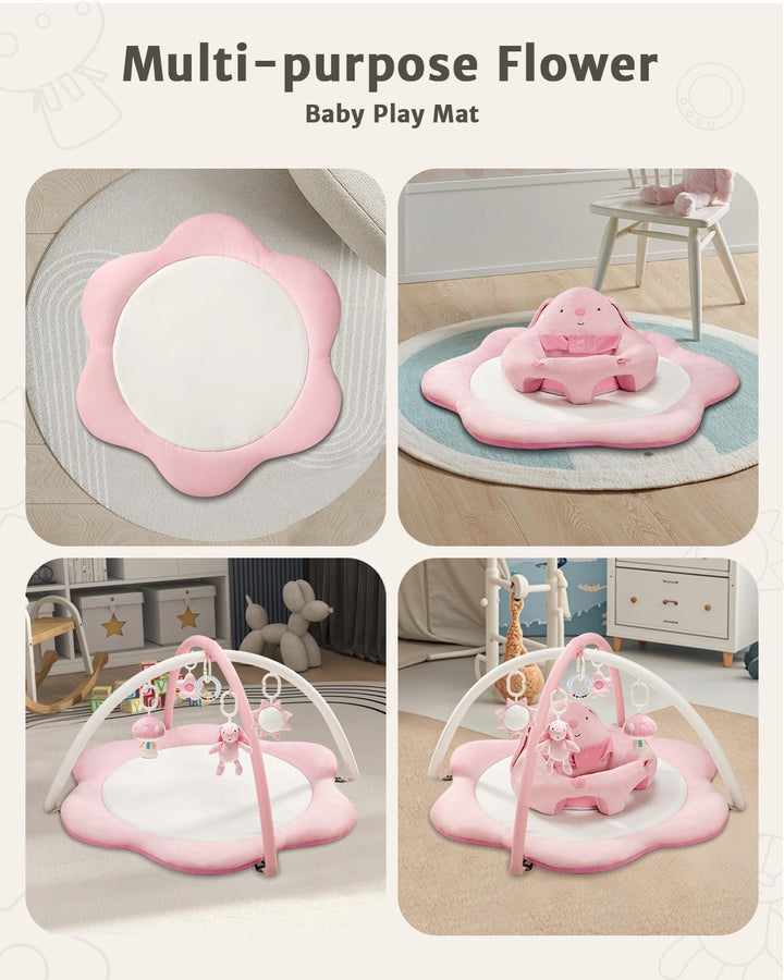 3-in-1 Baby Spielmatte mit Sitzhilfe – Blumenförmige Krabbelmatte &amp; Baby Gym mit 5 Abnehmbaren Spiel