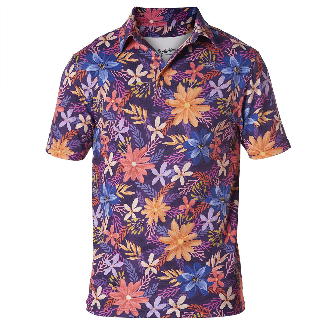 Royal & Awesome Herren Gemusterte Golf-Polo-Shirts Gemusterte Golf-Polo-Shirts M Blumen, M Blumen