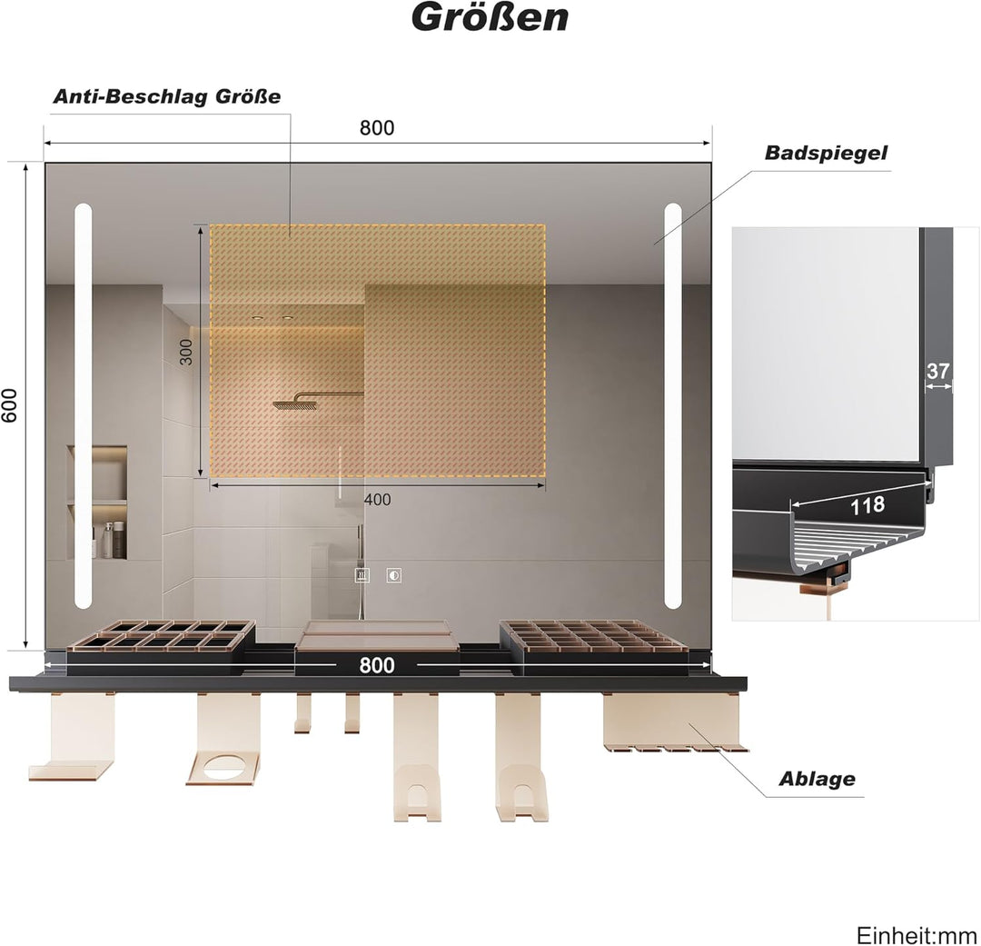 SONNI Badezimmerspiegel mit Beleuchtung 80x60 cm, LED Badspiegel mit Ablage 80cm, 3 einstellbare Lic