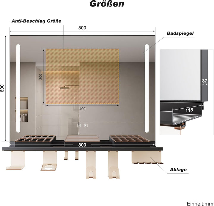 SONNI Badezimmerspiegel mit Beleuchtung 80x60 cm, LED Badspiegel mit Ablage 80cm, 3 einstellbare Lic
