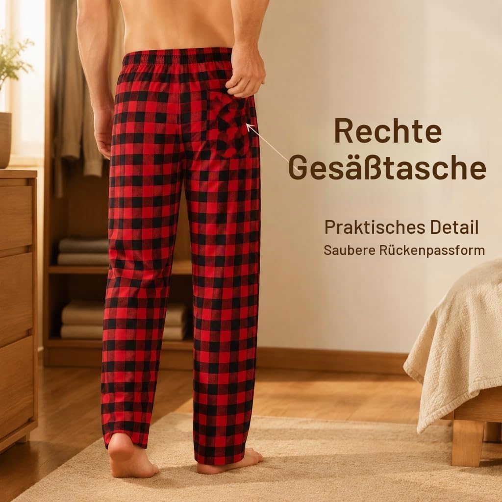 Herren 100% Baumwolle Flanell Bequeme Pyjama/Lounge Bottoms mit Taschen S Black Red Check, S Black R
