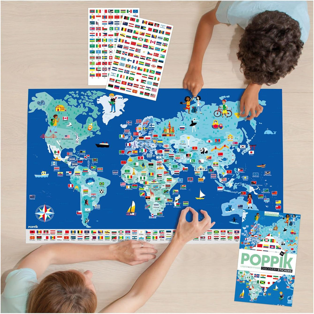 POPPIK 1841223 Sticker-Poster, Flaggen der Welt, interaktives Lernposter mit Aufklebern, mehrsprachi