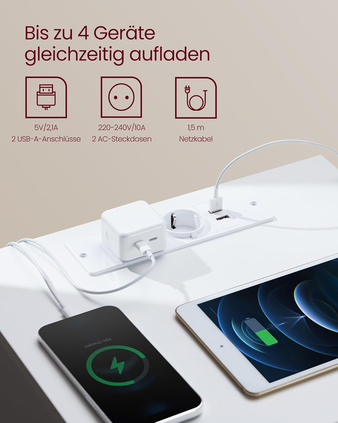 VASAGLE Kailyn Collection - Nachttisch mit Steckdosenleiste, 2er Set, Beistelltisch, 3 Schubladen, 2
