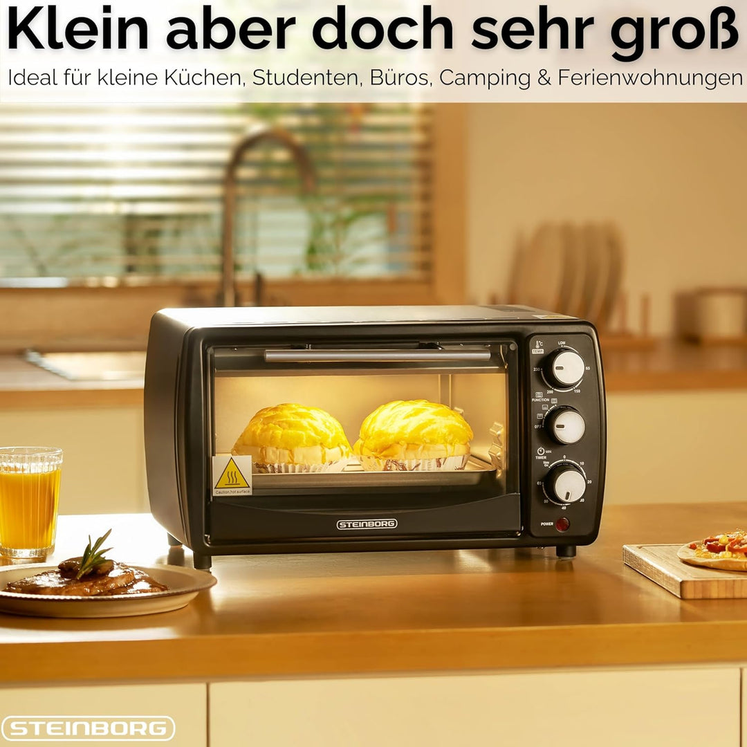 Steinborg® Mini Backofen 13 Liter Krümelblech Ober- und Unterhitze 1.200 Watt Miniofen mit Timer kle