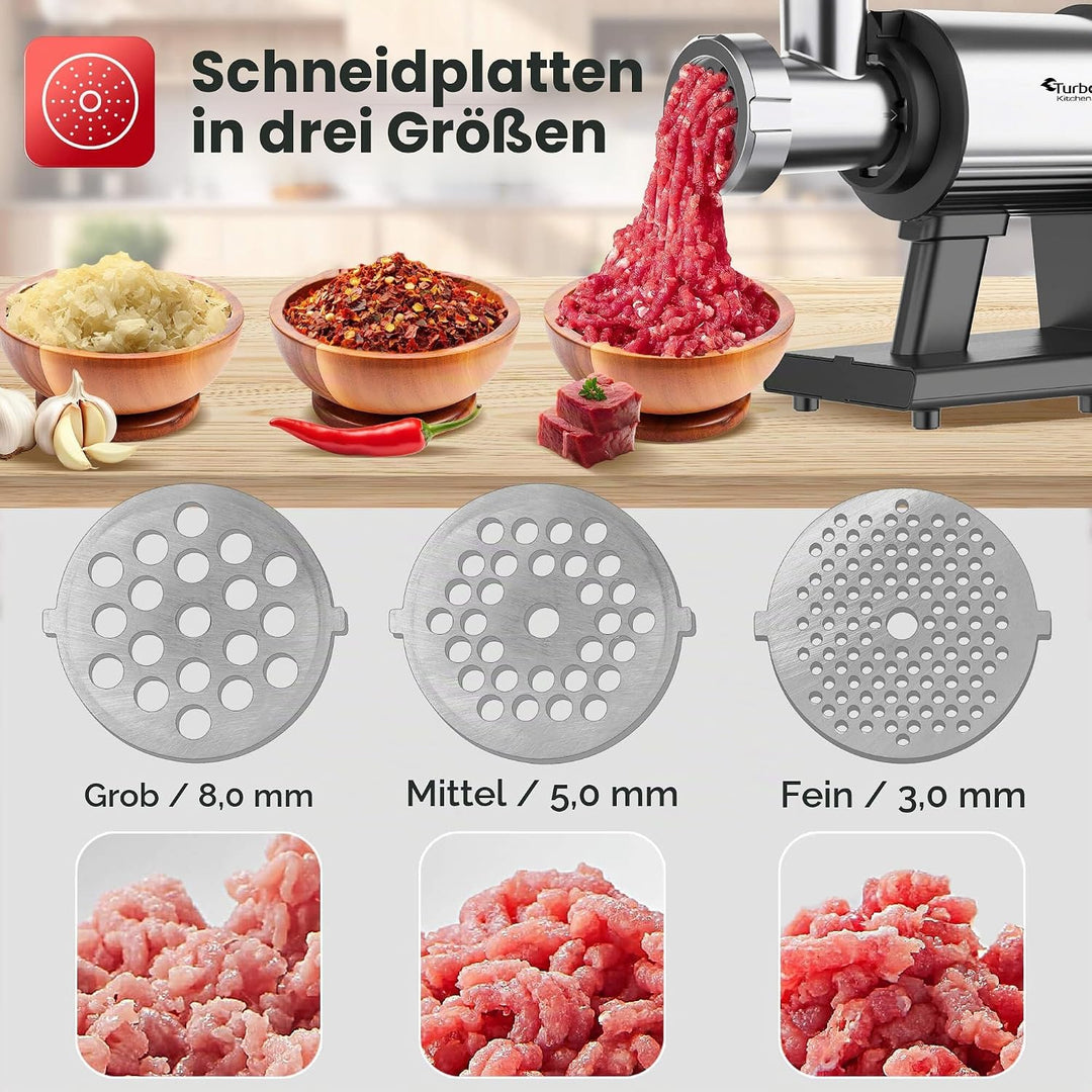 TurboTronic Elektrischer Fleischwolf Samurai – 2600W beste Maschine mit Spritzgepäckvorsatz Metallge