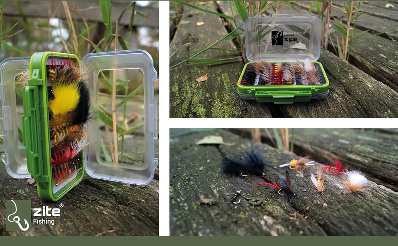 Zite Fishing Fliegen-Set Fliegenfischen - 120 Kunstköder + Wasserdichte Fliegen-Box Angeln - Forelle