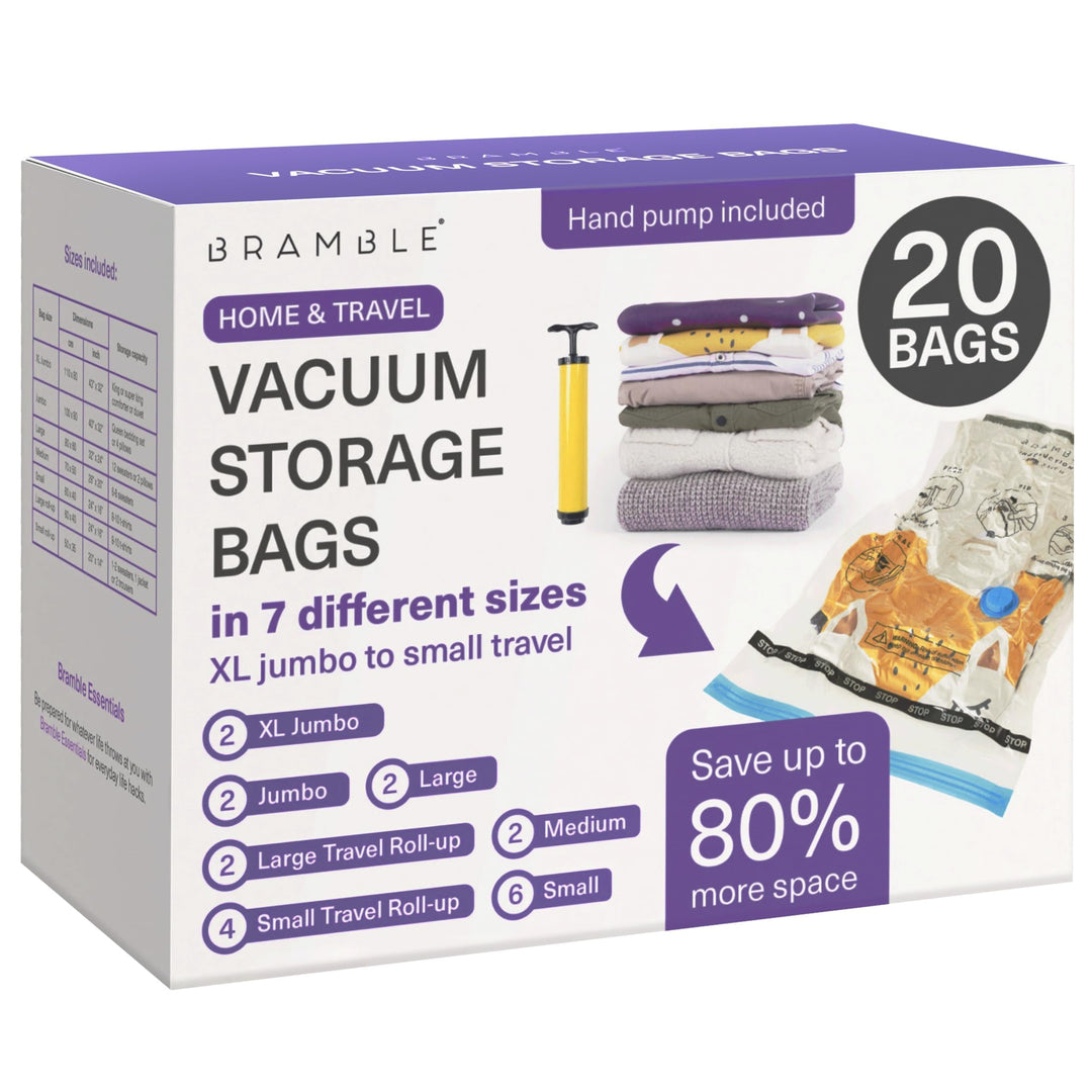 BRAMBLE - 20 Premium Vakuumbeutel Aufbewahrungsbeutel mit Pumpe, 7 Grössen (XXL, XL, L, M, S + Reise
