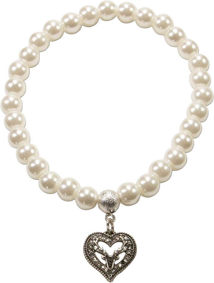 Alpenflüstern Trachtenschmuck-Set Perlen-Trachtenkette und Trachten-Armband Strassherz Hirsch - Dame