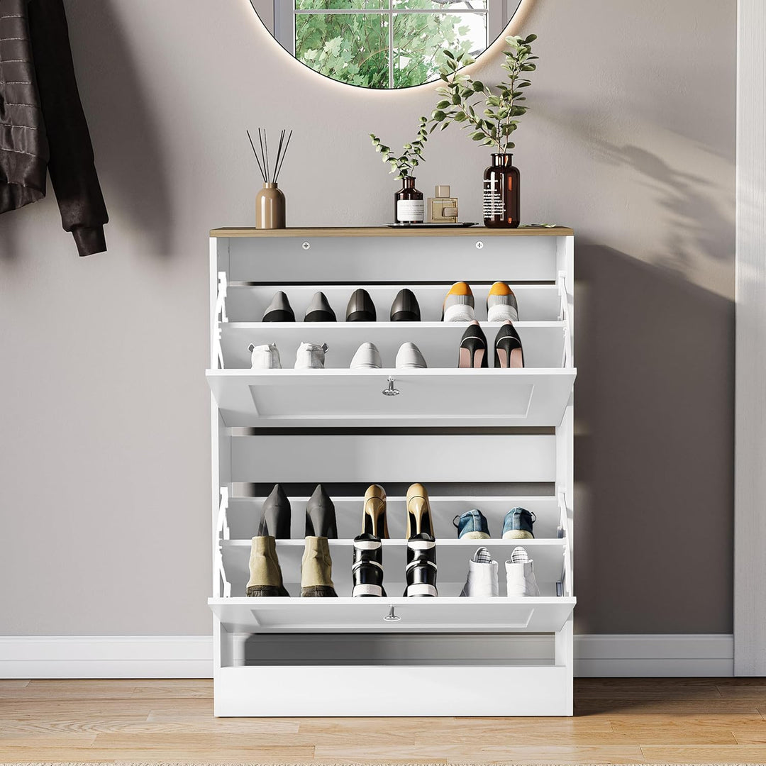 Vida Designs Schuhkipper mit 2 Klappen | 80 H x 58 B x 23.5 T cm | Weiss/Eiche | Platzsparender Schu